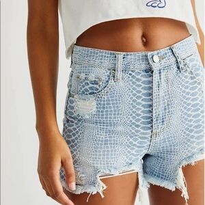 Blue Revival Medusa Snakeskin Print Distressed Denim Shorts